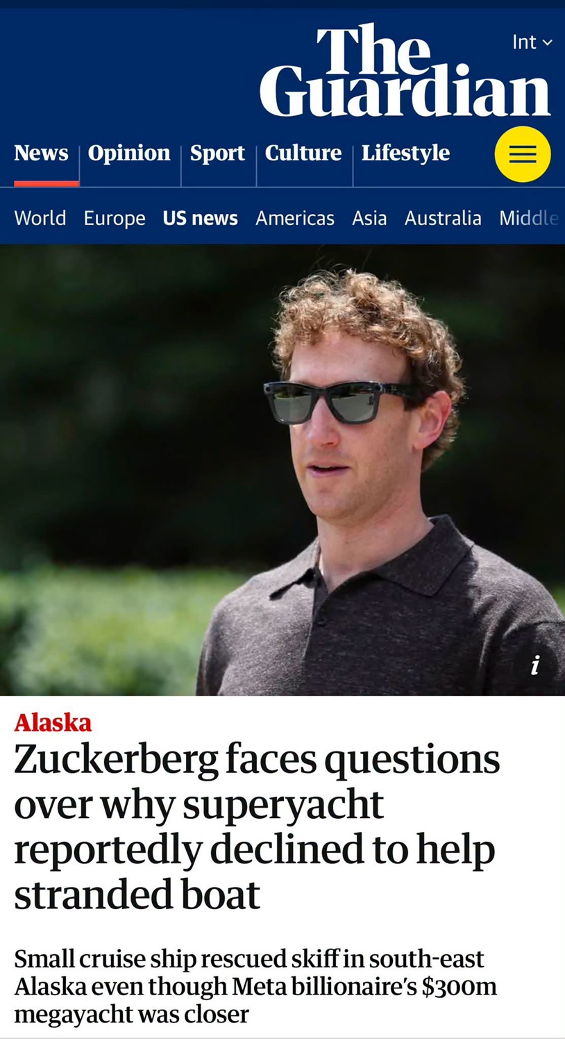 Guardian article header with blue navigation and a man wearing dark sunglasses outdoors; headline about a superyacht incident involving a tech CEO.