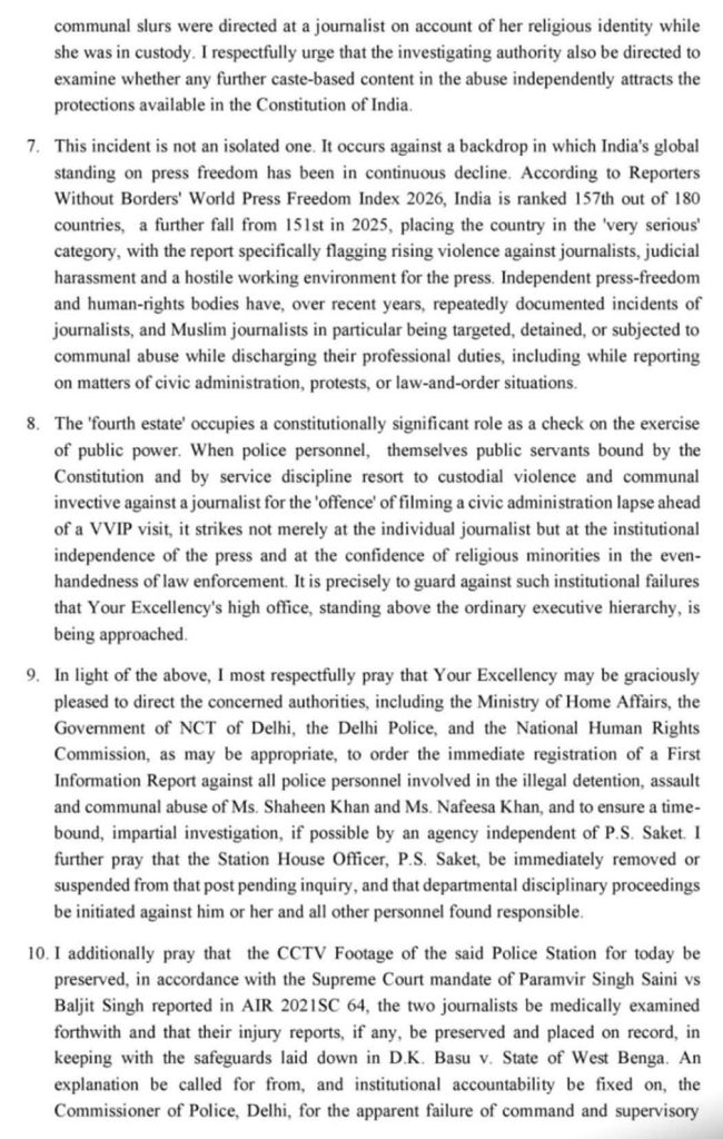 Screenshot | No. 1 Indian Media News Portal Page of a formal document with numbered sections 7–10, containing dense paragraphs about press freedom, government actions, and investigations.