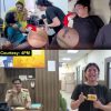 Collage: injured person with bruised knee in a hospital setting and a reporter covering a scene nearby; arrows highlight the wounds in zoomed-in insets.