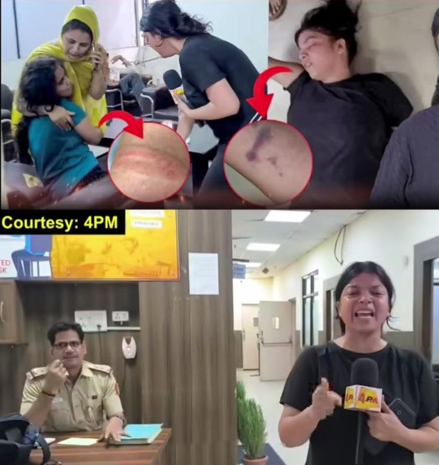 Collage: injured person with bruised knee in a hospital setting and a reporter covering a scene nearby; arrows highlight the wounds in zoomed-in insets.