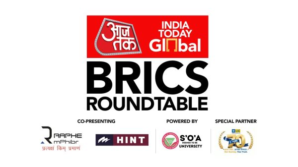 Banner for BRICS Roundtable with India Today Global at top in red, bold 'BRICS ROUNDTABLE' text in black, and co-presenting and partner logos along the bottom (including a university/organization logos and a special partner emblem).