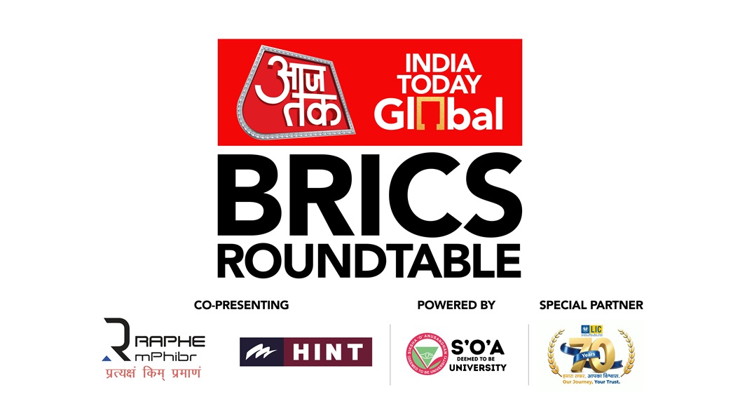 Banner for BRICS Roundtable with India Today Global at top in red, bold 'BRICS ROUNDTABLE' text in black, and co-presenting and partner logos along the bottom (including a university/organization logos and a special partner emblem).