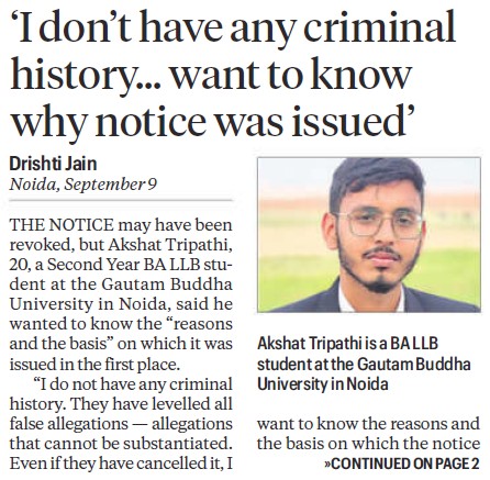 Newspaper front page with the headline about a notice issued, author Drishti Jain, and a portrait of Akshat Tripathi, BA LLB student at Gautam Buddha University, Noida