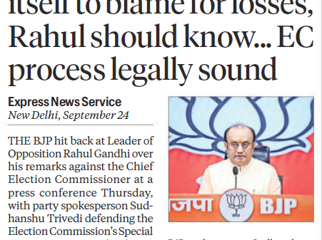 News article screenshot about BJP response to Rahul Gandhi; photo of BJP spokesperson Sudhanshu Trivedi at a podium with BJP banner.
