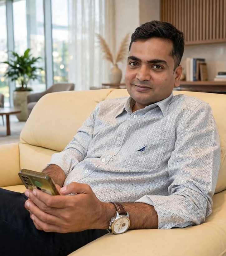 Man relaxing on a beige sofa, holding a smartphone and looking at the camera in a bright living room.
