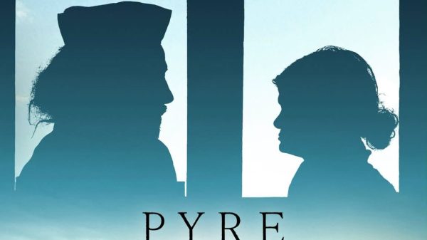 Poster for Pyre: two silhouettes facing each other within tall arch shapes against a blue gradient sky, with film credits and title at the bottom.