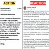 Split image labeled ACTION (left) and REACTION (right): left panel shows a tweet claiming a massive showdown over action against students, with police resistance; right panel shows Ashish Joshi's tweet about informing his family during interrogation.