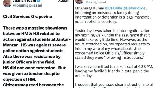 Split image labeled ACTION (left) and REACTION (right): left panel shows a tweet claiming a massive showdown over action against students, with police resistance; right panel shows Ashish Joshi's tweet about informing his family during interrogation.