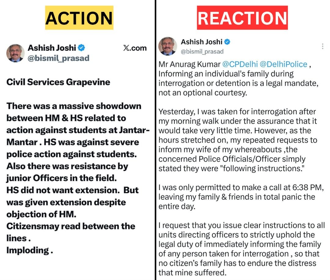 Split image labeled ACTION (left) and REACTION (right): left panel shows a tweet claiming a massive showdown over action against students, with police resistance; right panel shows Ashish Joshi's tweet about informing his family during interrogation.