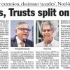 Front-page newspaper headline reading 'Tata Sons, Trusts split on Chandra' with two portrait photos of executives beside the article excerpt and columns of text behind.