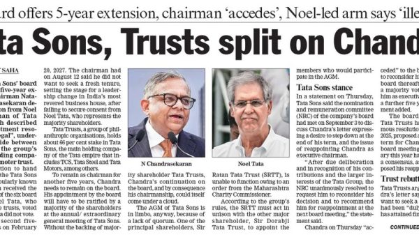 Front-page newspaper headline reading 'Tata Sons, Trusts split on Chandra' with two portrait photos of executives beside the article excerpt and columns of text behind.