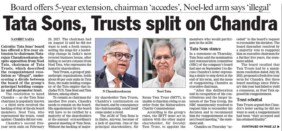 Front-page newspaper headline reading 'Tata Sons, Trusts split on Chandra' with two portrait photos of executives beside the article excerpt and columns of text behind.