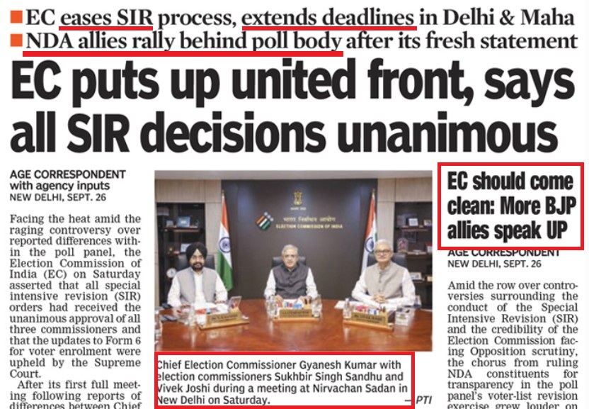 Newspaper front page with bold headline 'EC puts up united front, says all SIR decisions unanimous' and a photo of election commissioners at a meeting with flags in the background.