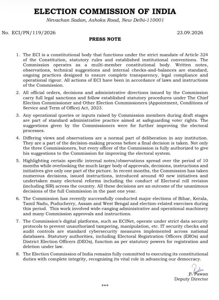 Official Election Commission of India press note (No. ECI/PN/119/2026, dated 23.09.2026) outlining procedures and statements, with a signature area at the bottom.