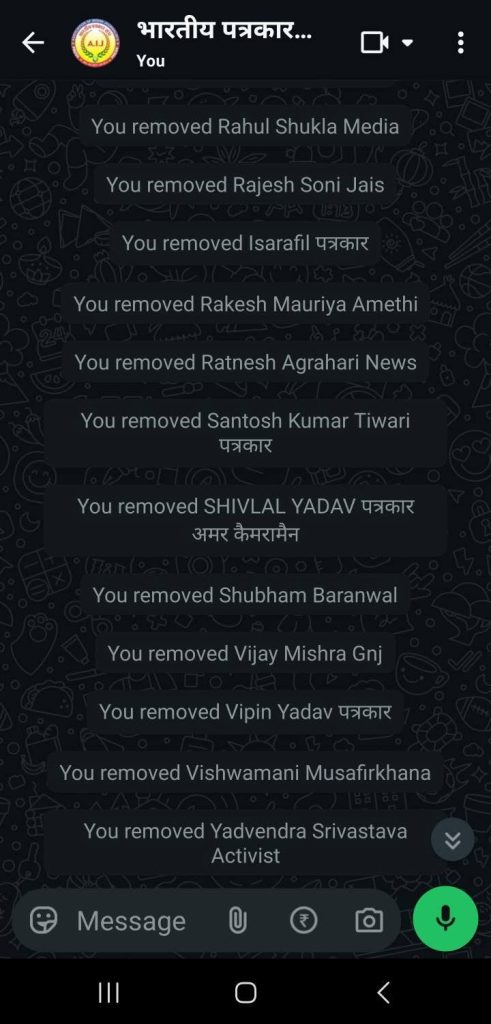 WhatsApp chat screen showing multiple 'You removed [name]' messages listing Indian journalists removed from a media group.