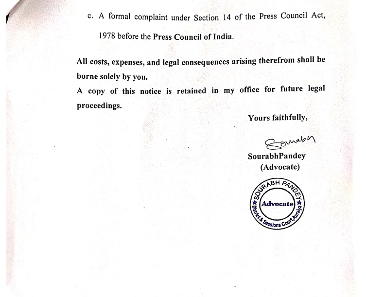Formal legal notice page with a handwritten signature and a circular advocate stamp for Sourabh Pandey.