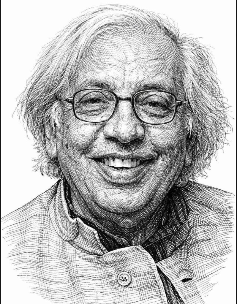 ashok bajpai | No. 1 Indian Media News Portal Black-and-white sketch portrait of a smiling older man wearing glasses.