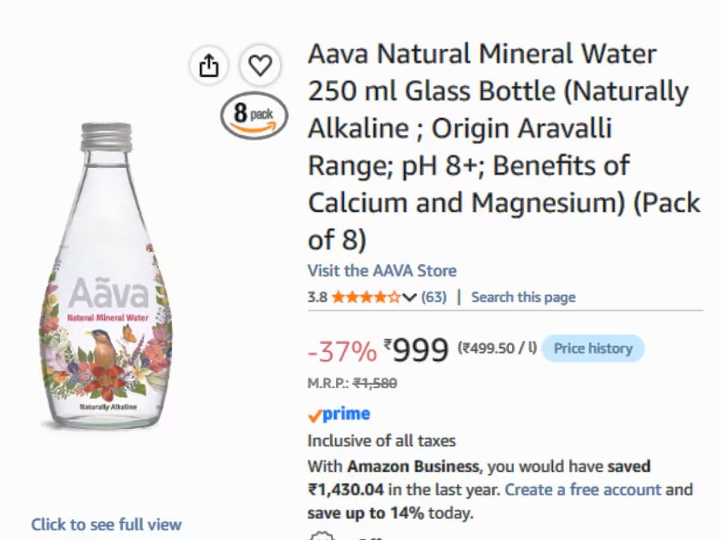 Aava Natural Mineral Water bottle with floral label, 250 ml, naturally alkaline.