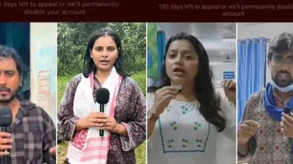 Four reporters each holding a microphone and speaking to camera in different settings: left man in plaid shirt, next a woman outdoors with a scarf, then a woman indoors gesturing, and right a man with a blue scarf and mask around his neck.