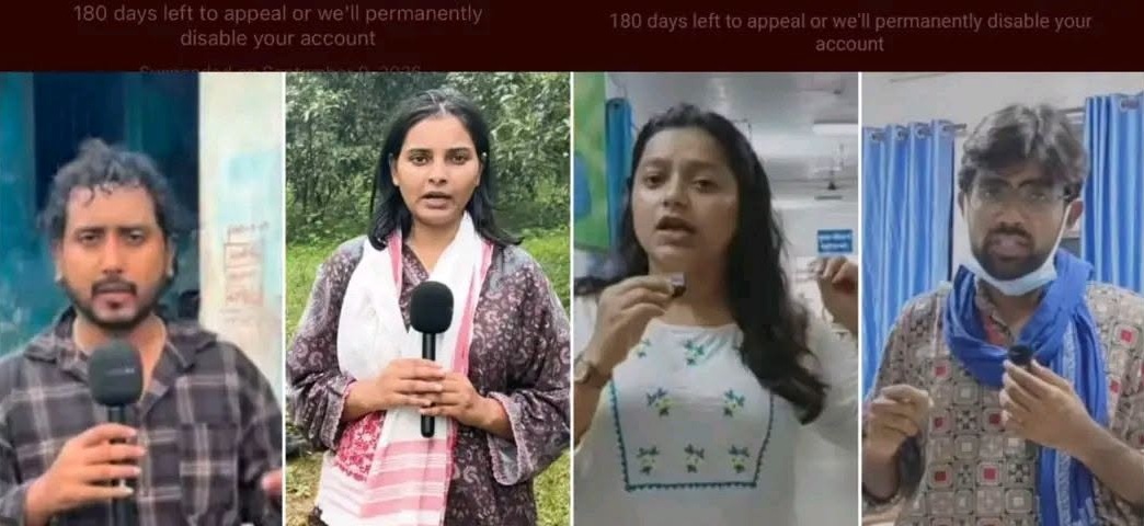 Four reporters each holding a microphone and speaking to camera in different settings: left man in plaid shirt, next a woman outdoors with a scarf, then a woman indoors gesturing, and right a man with a blue scarf and mask around his neck.