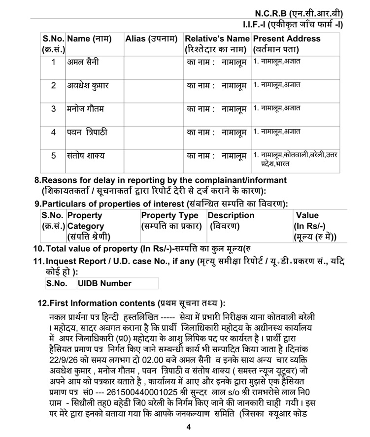 bareilly youber_3 | No. 1 Indian Media News Portal Page from a government report showing a table with S.No., Name, Alias, Relative's Name, Present Address; five entries of individuals and their addresses.