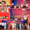 Collage from Bazm-e-Sahafat event: a speaker in beige at a podium, panelists on a red-lit stage, and a large group photo in front of a red backdrop with logos.