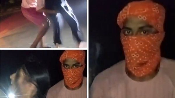 Nighttime collage of a person wearing an orange bandana over their face, appearing with others in a dim setting.