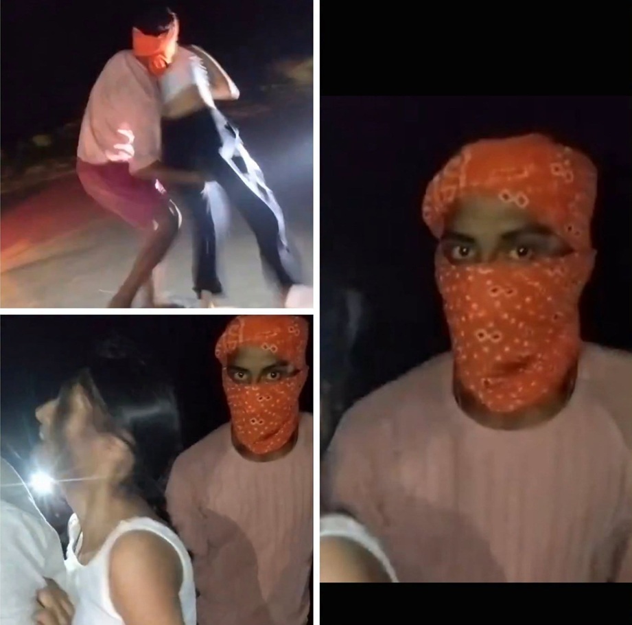 Nighttime collage of a person wearing an orange bandana over their face, appearing with others in a dim setting.