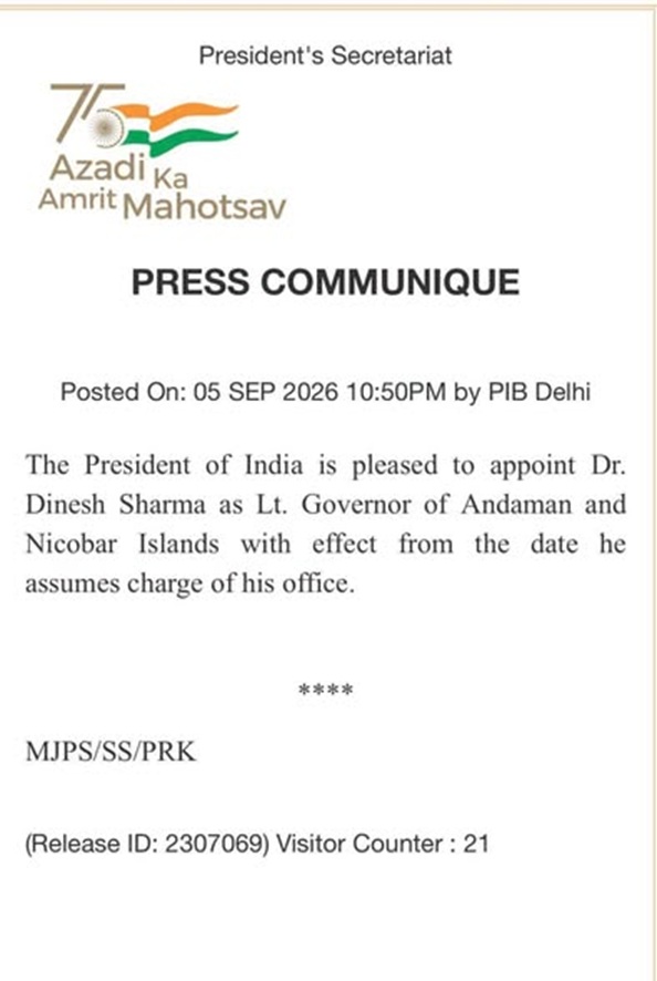 bjp_dinesh | No. 1 Indian Media News Portal Official press communiqué from President's Secretariat announcing Dr. Dinesh Sharma as Lt. Governor of Andaman and Nicobar Islands, with posting date 05 Sep 2026, 10:50 PM by PIB Delhi, and release details.