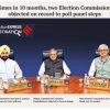 Three Indian election commissioners seated at a desk during a press briefing, with nameplates in front and a headline about objections to poll panel steps above them.