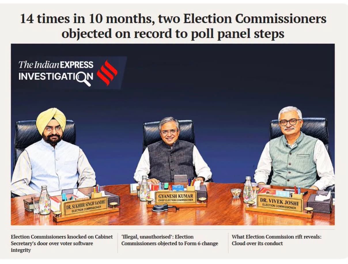Screenshot | No. 1 Indian Media News Portal Three Indian election commissioners seated at a desk during a press briefing, with nameplates in front and a headline about objections to poll panel steps above them.