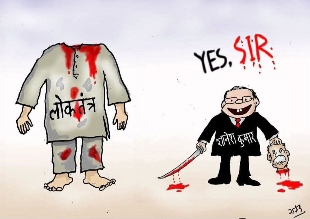 cec_cartoon | No. 1 Indian Media News Portal Political cartoon: a headless, blood‑stained figure wearing a garment labeled 'लोकतन्त्र' on the left, and a smiling man in a suit with a bloodied sword holding a severed head on the right, saying 'Yes, Sir'.
