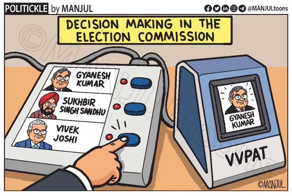 cec_cartoon_1 | No. 1 Indian Media News Portal Political cartoon about the election commission: a voter presses a button on an electronic voting machine showing three candidates—Gyanesh Kumar, Sukbir Singh Sandhu, Vivek Joshi—and a VVPat unit displaying Gyanesh Kumar.
