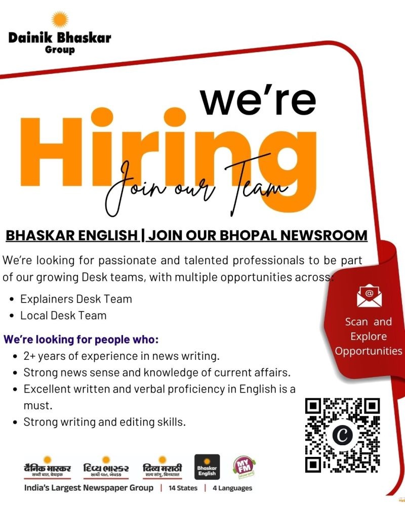 Dainik Bhaskar recruitment poster for BHOPAL newsroom announcing hiring, with a QR code and a red tag reading 'Scan and Explore Opportunities.'