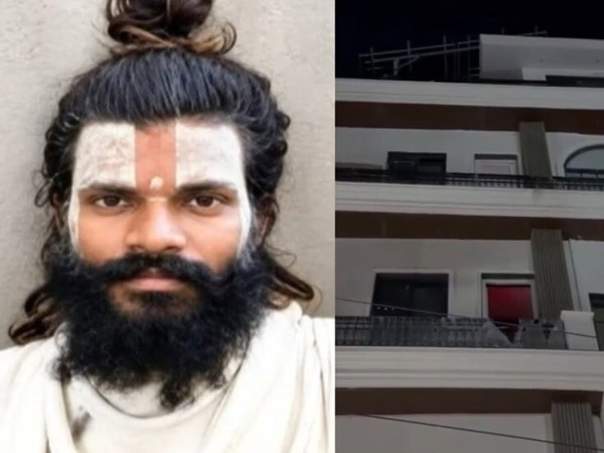 Left: bearded man with white facial paint and hair tied up, wearing light clothing. Right: multi-story apartment building with balconies at night.