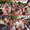 Collage of a uniformed police officer speaking to reporters during a crowded protest.
