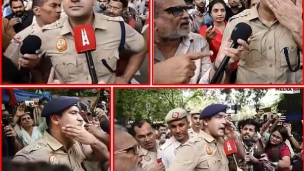 Collage of a uniformed police officer speaking to reporters during a crowded protest.