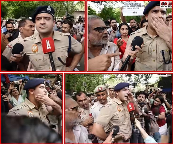 Collage of a uniformed police officer speaking to reporters during a crowded protest.