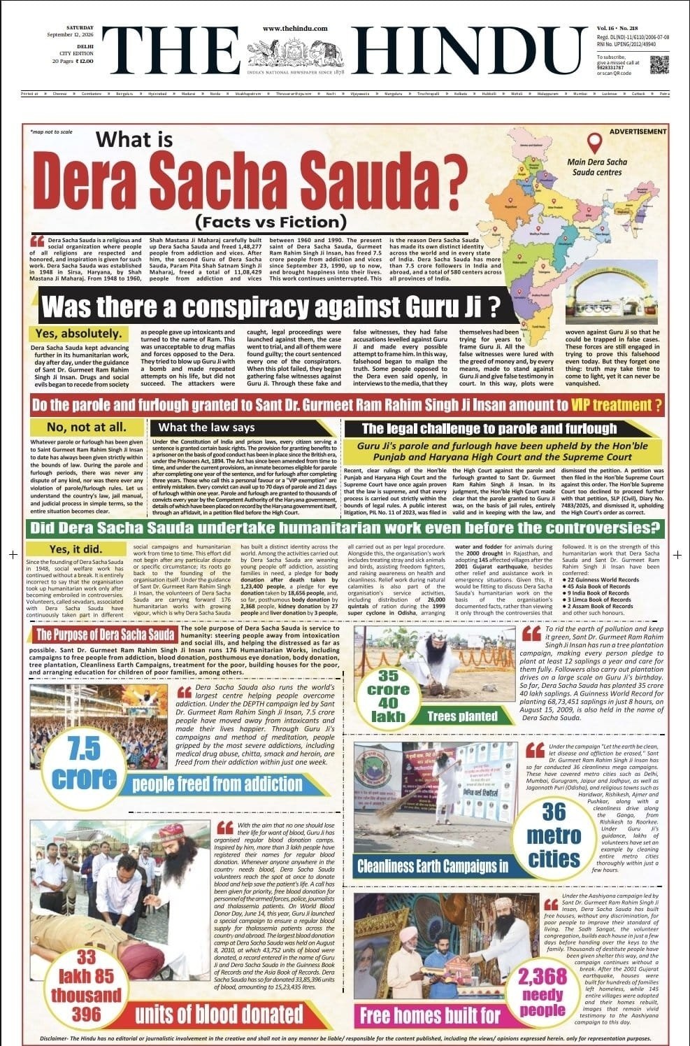 Front page of The Hindu featuring a large infographic about 'What is Dera Sacha Sauda?' with a map on the right and bold subheads outlining allegations and legal issues.