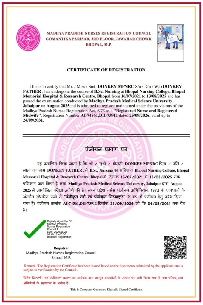 Certificate of Registration issued by Madhya Pradesh Nurses Registration Council, with a pink seal, framed borders, and bilingual text.