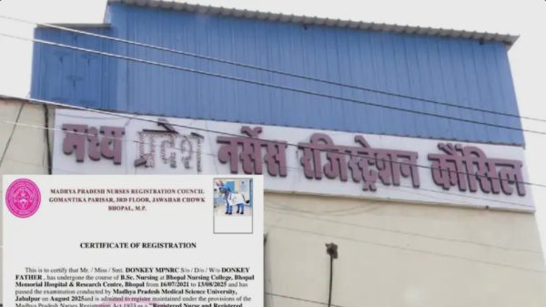 Building with a large pink sign in Hindi and a blue roof; foreground shows a 'Certificate of Registration' from the Madhya Pradesh Nurses Registration Council partially overlaying the image.