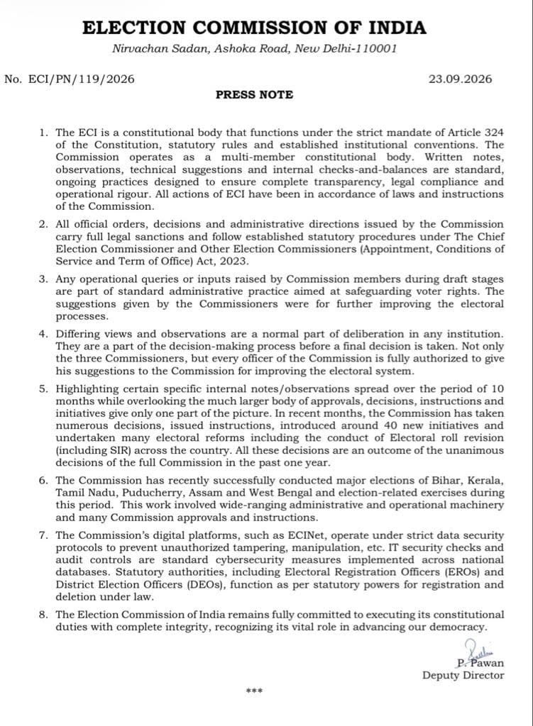 eci | No. 1 Indian Media News Portal Front page of an Election Commission of India press note with 'PRESS NOTE' and numbered points 1–8, dated 23.09.2026.