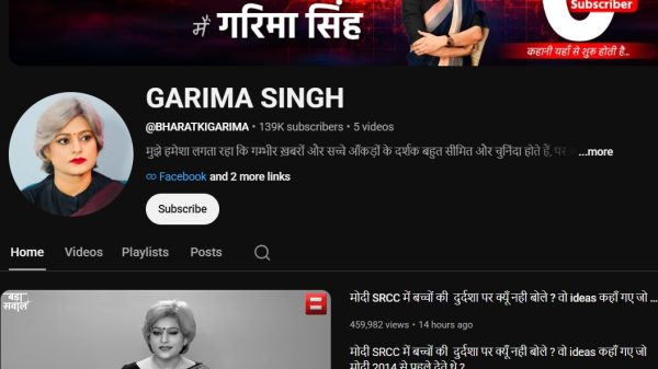 YouTube channel header for Garima Singh featuring a banner image with a woman in black attire and a large 'Subscribe' icon, plus a circular profile photo on the left.
