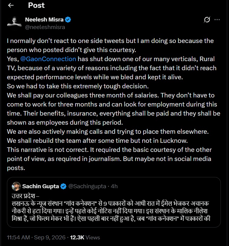 Tweet by Neelesh Misra about GaonConnection shutdown and paying three months’ salary; includes a screenshot of a tweet by Sachin Gupta.