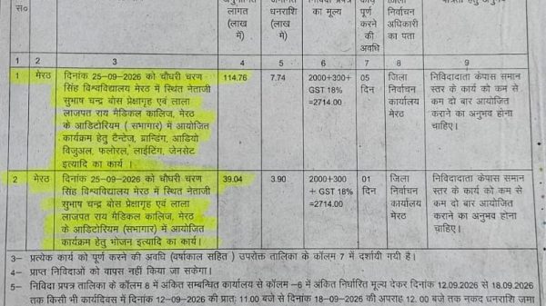 Hindi district election notice with tabular details of polling stations and officials, highlighted in yellow