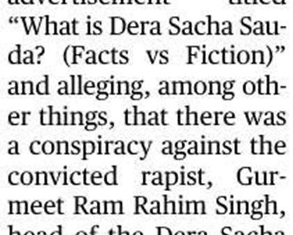 Newspaper clipping with a bold 'Apology' header; article states The Hindu deeply regrets publishing an offensive front-page advertisement titled 'What is Dera Sacha Sauda? (Facts vs Fiction)' and apologizes to its readers.