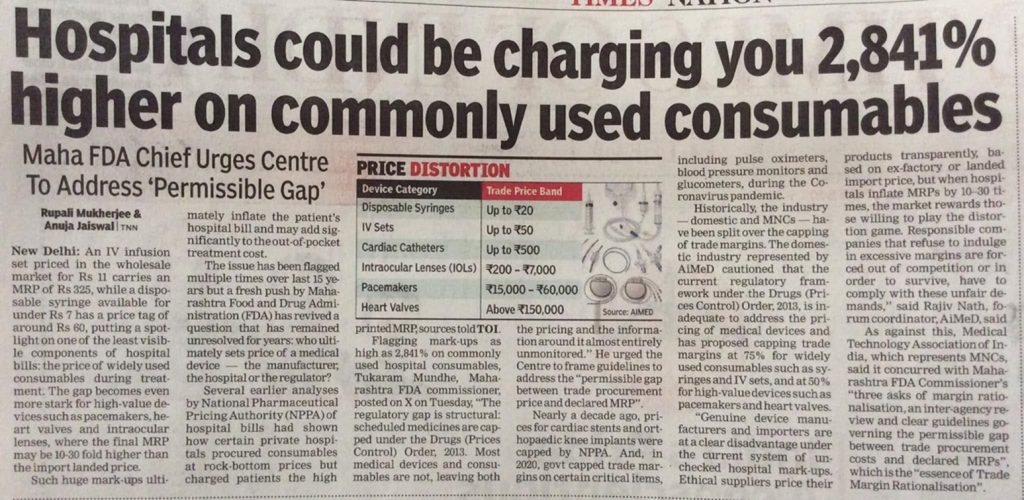 Newspaper front page about hospitals charging 2,841% more for commonly used consumables; includes a price distortion chart.