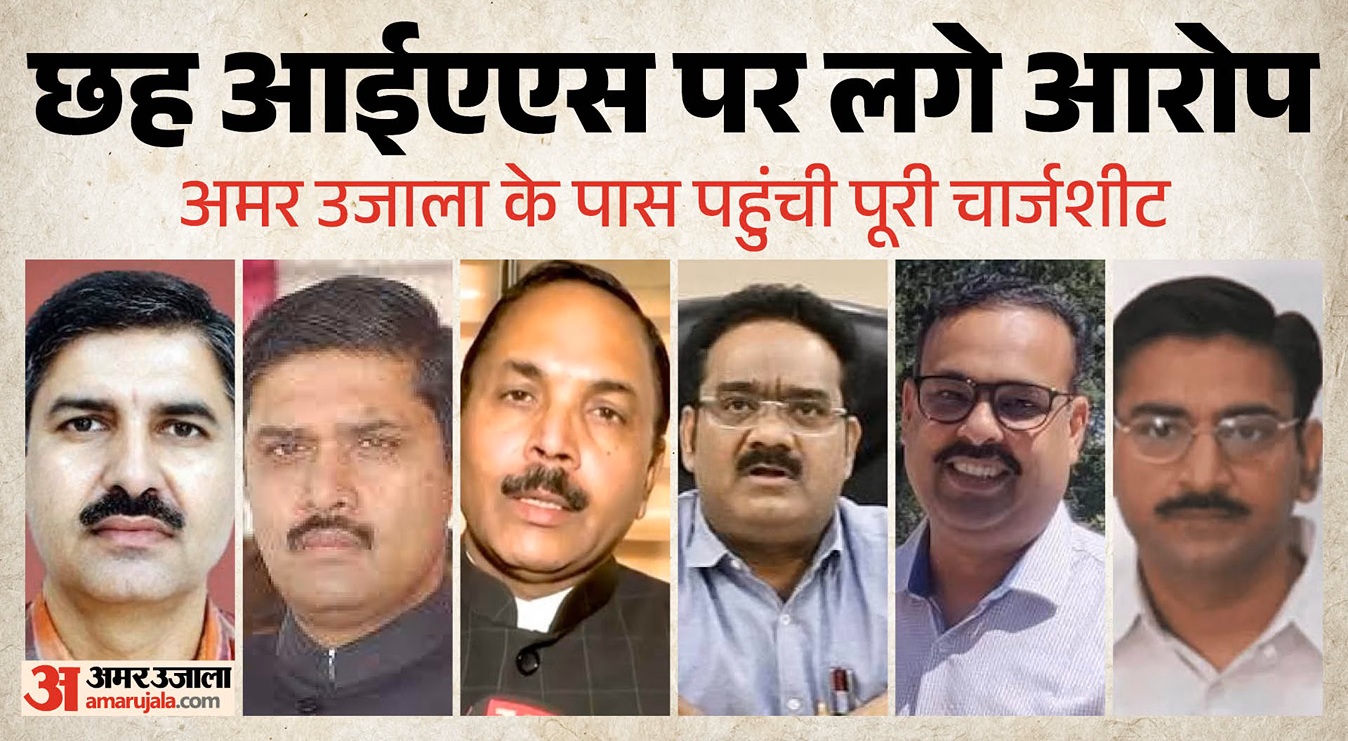 Collage of six men’s portraits under a Hindi news headline about allegations, from Amar Ujala. (No names identified)