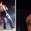 Two-panel image: left panel shows a person in a light shirt and red shorts crouching with a raised knee on a dim street; right panel shows a person with an orange bandana covering most of the face, with only the eyes visible.