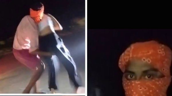 Two-panel image: left panel shows a person in a light shirt and red shorts crouching with a raised knee on a dim street; right panel shows a person with an orange bandana covering most of the face, with only the eyes visible.